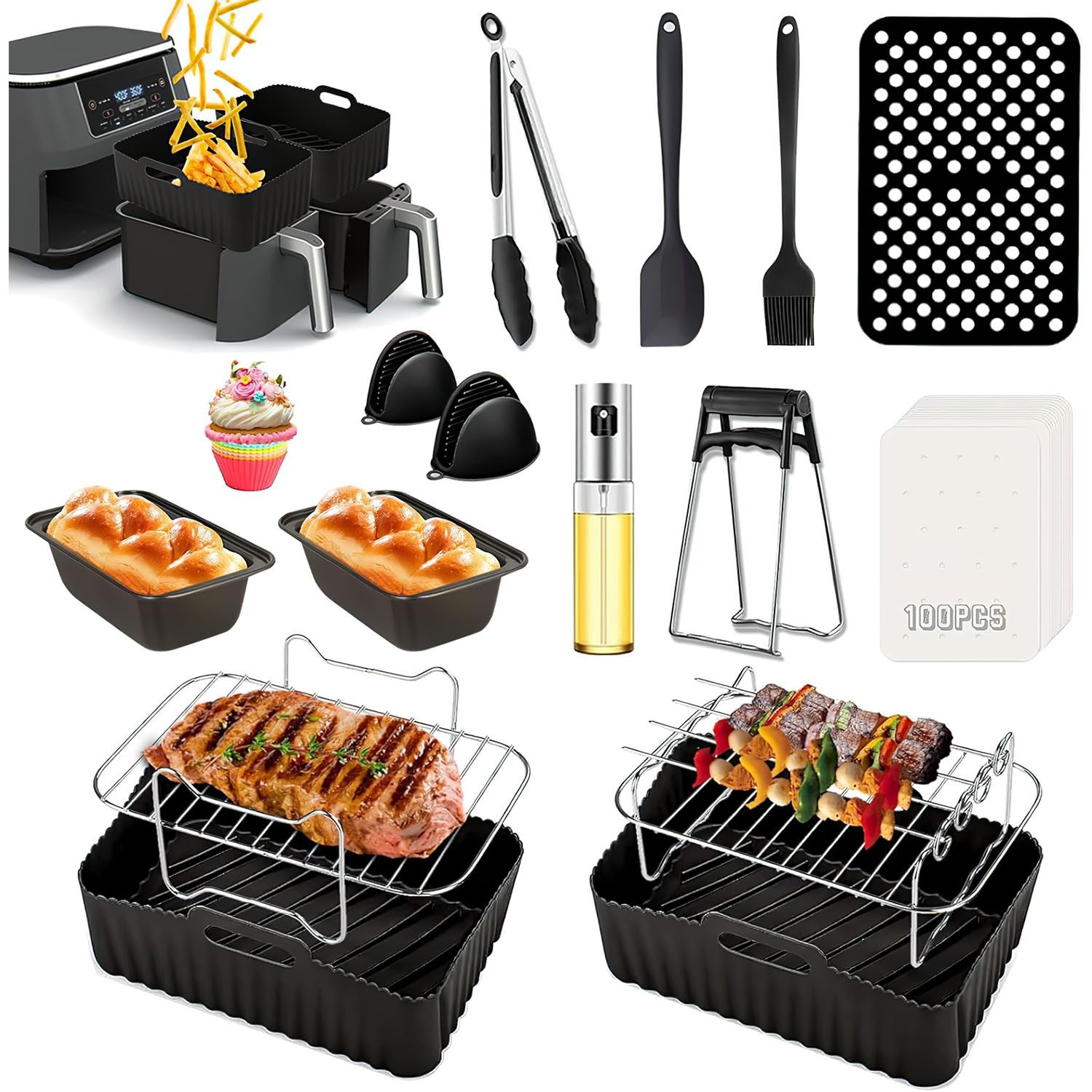 HEYHIPPO Airfryer-Grillrost Ninja Foodi AF400/AF300 Zubehör – Grillpfanne & Grill 25-teiliges Set (25-St., Antihaftbeschichtung–leicht zu reinigen&langlebigrobust&pflegeleicht), Ninja Airfryer Zubehör 25-tlg. – Back- & Grillset, hitzebeständig