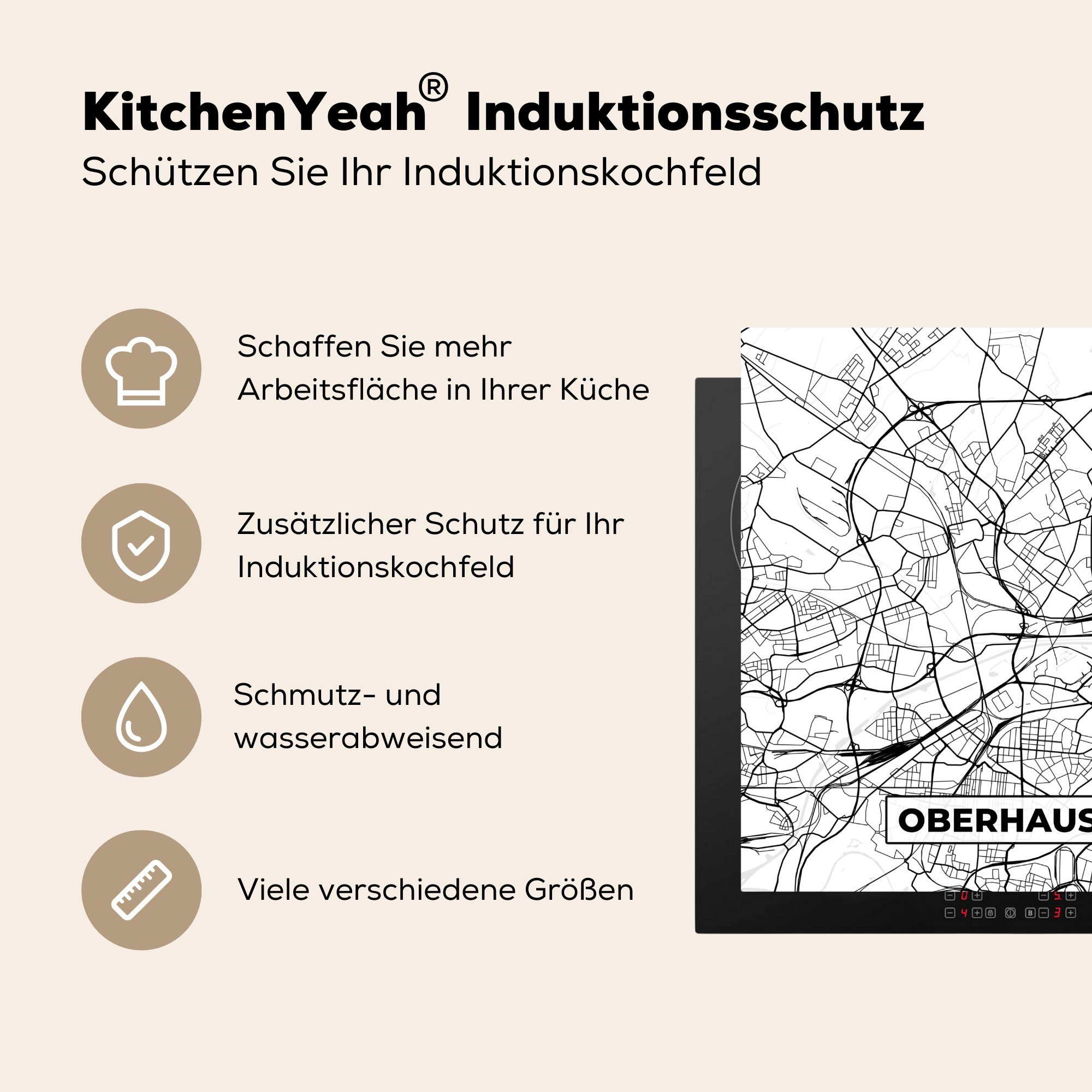 - Oberhausen Karte Stadtplan, für (1 - MuchoWow tlg), Vinyl, 78x78 Ceranfeldabdeckung, Arbeitsplatte cm, küche Herdblende-/Abdeckplatte