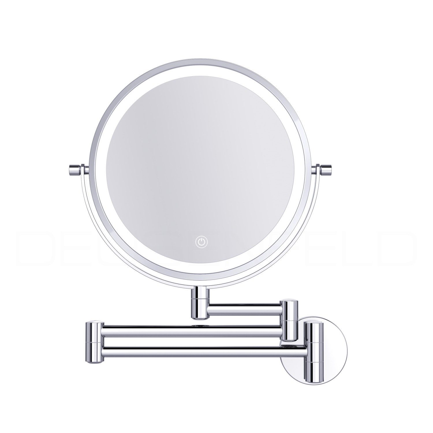 DEUSENFELD Kosmetikspiegel Wand-Akku-Doppel-LED WL53CA / WL73CA / WL103CA (5x/7x/10x Vergrößerung + Normalspiegel, 10Min Abschalttimer, Dimmer, 3 Lichtfarben, 3000mAh Akku, USB-C), 3-Fach Gelenkarm, 49cm Ausladung !