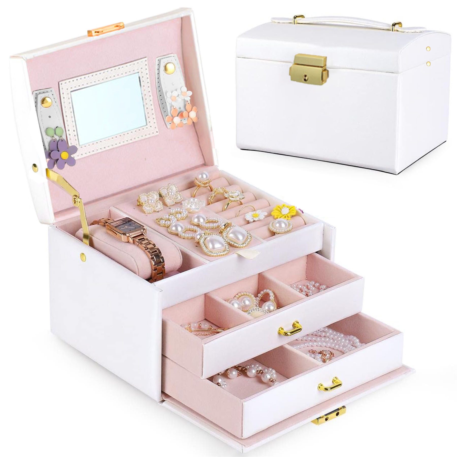 Mutig Schmuckkasten Schmuckkästchen mit 3 Schichten,Schmuckschatulle PU Leder mit Spiegel (Schmuckbox mit Spiegel und Schubladen, Innenfutter aus Samt,weiß, Schmuckbox für Ringe, Ohrringe, Armbänder, Halsketten,Platzsparend), Perfektes Geschenk für Frauen zu Weihnachten, Geburtstag & Erntedank