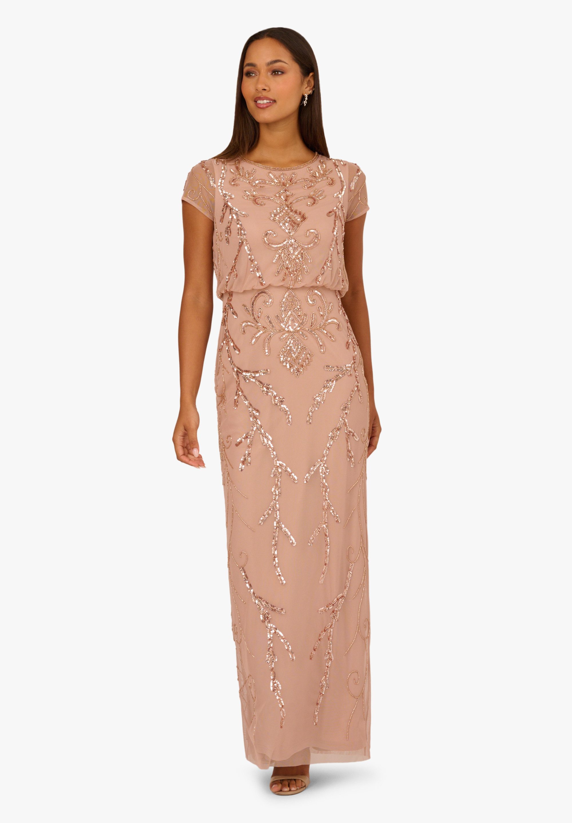Adrianna Papell Abendkleid Bead Blouson Long Dress Petite, mit Perlen besticktes Kleid mit Mesh-Überzug