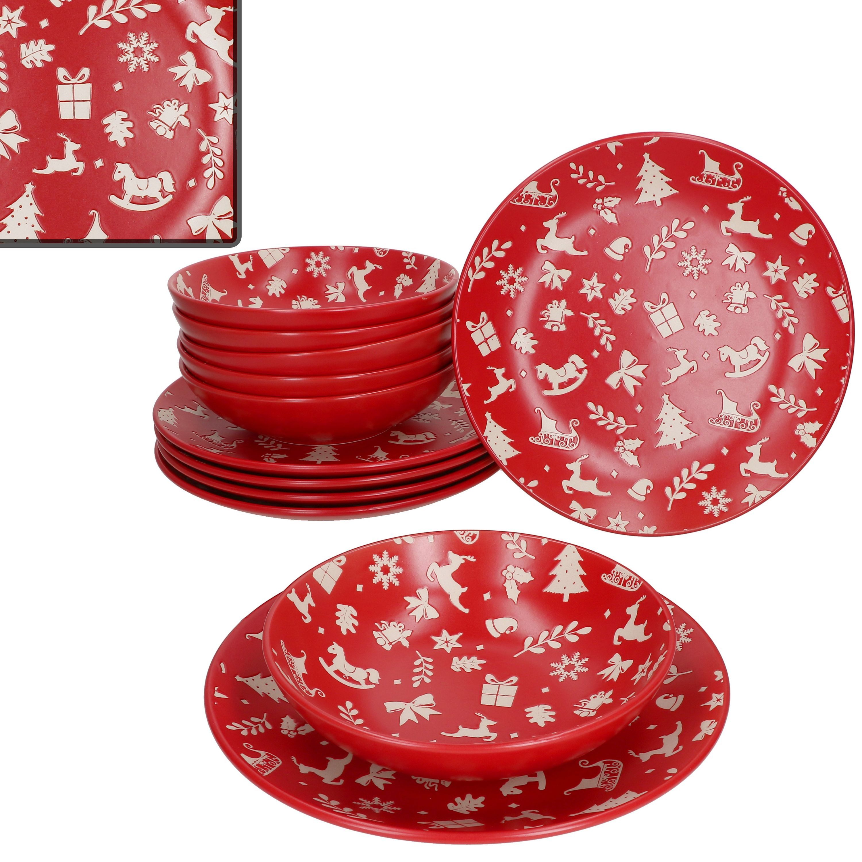 MamboCat Tafelservice 12tlg Tafelservice Advent 6Pers Essteller Suppenteller Rot Weihnachten, Steingut