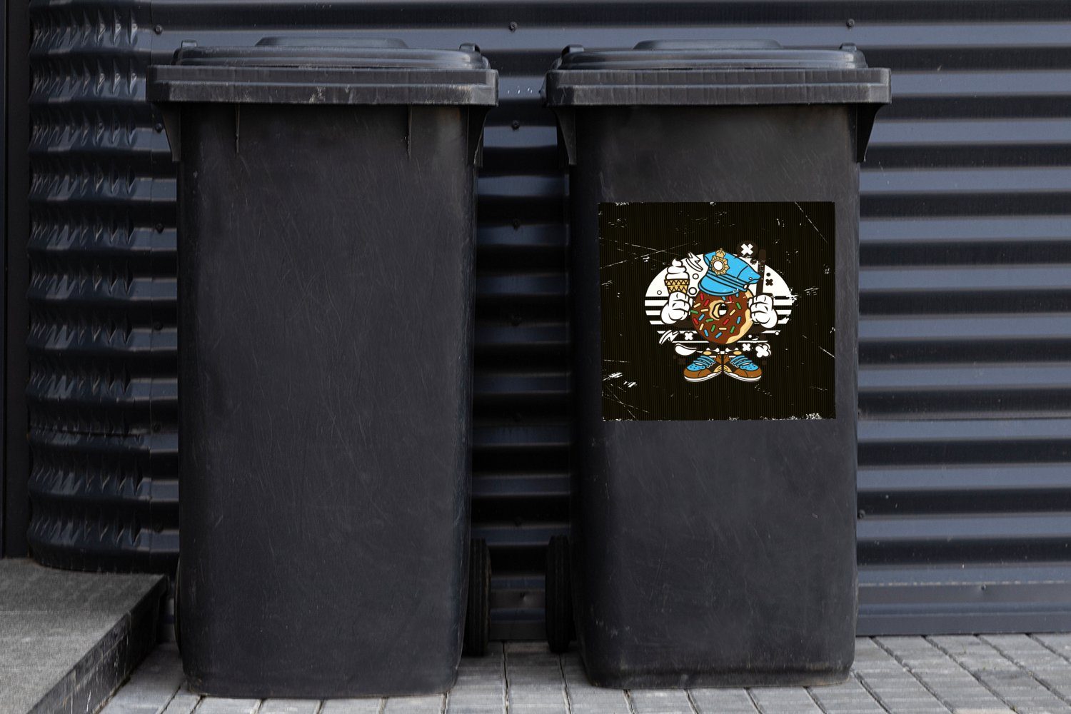 MuchoWow Wandsticker Jahrgang Container, - Sticker, (1 St), - Polizei Mülleimer-aufkleber, Abfalbehälter Mülltonne, Donut