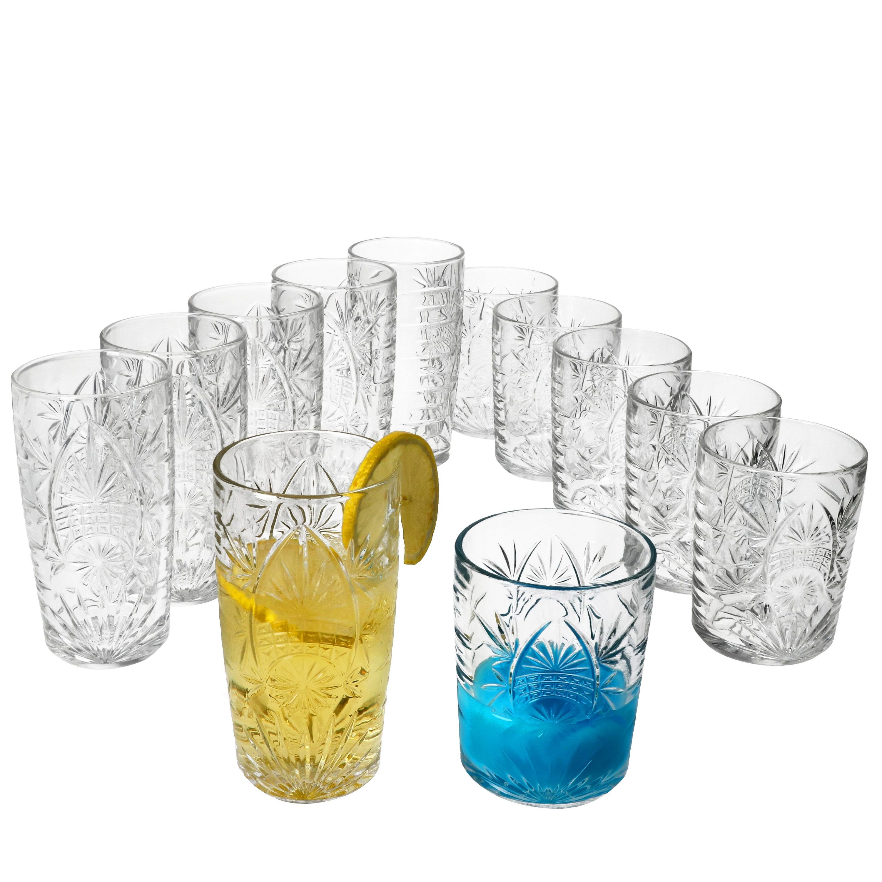 MamboCat Glas 12tlg Starla Gläser Set Whisky-Tumbler 280ml Longdrinkgläser 300ml, Glas