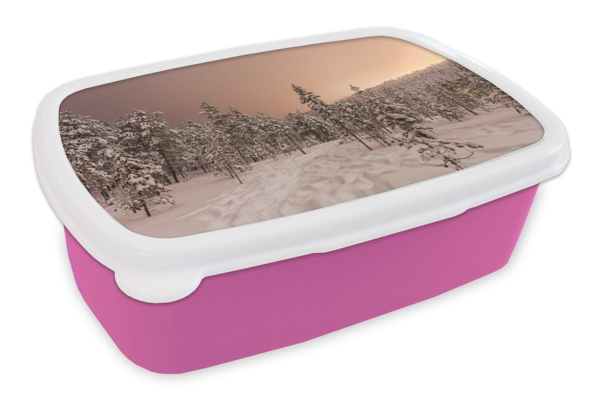 MuchoWow Lunchbox Die Sonne ist hinter den Bergen in Lappland untergegangen, Kunststoff, (2-tlg), Brotbox für Erwachsene, Brotdose Kinder, Snackbox, Mädchen, Kunststoff rosa | Lunchboxen