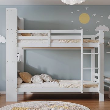 Flieks Etagenbett, Kinderbett mit Stauraumregalen und rechtwinkliger Leiter 90x200cm