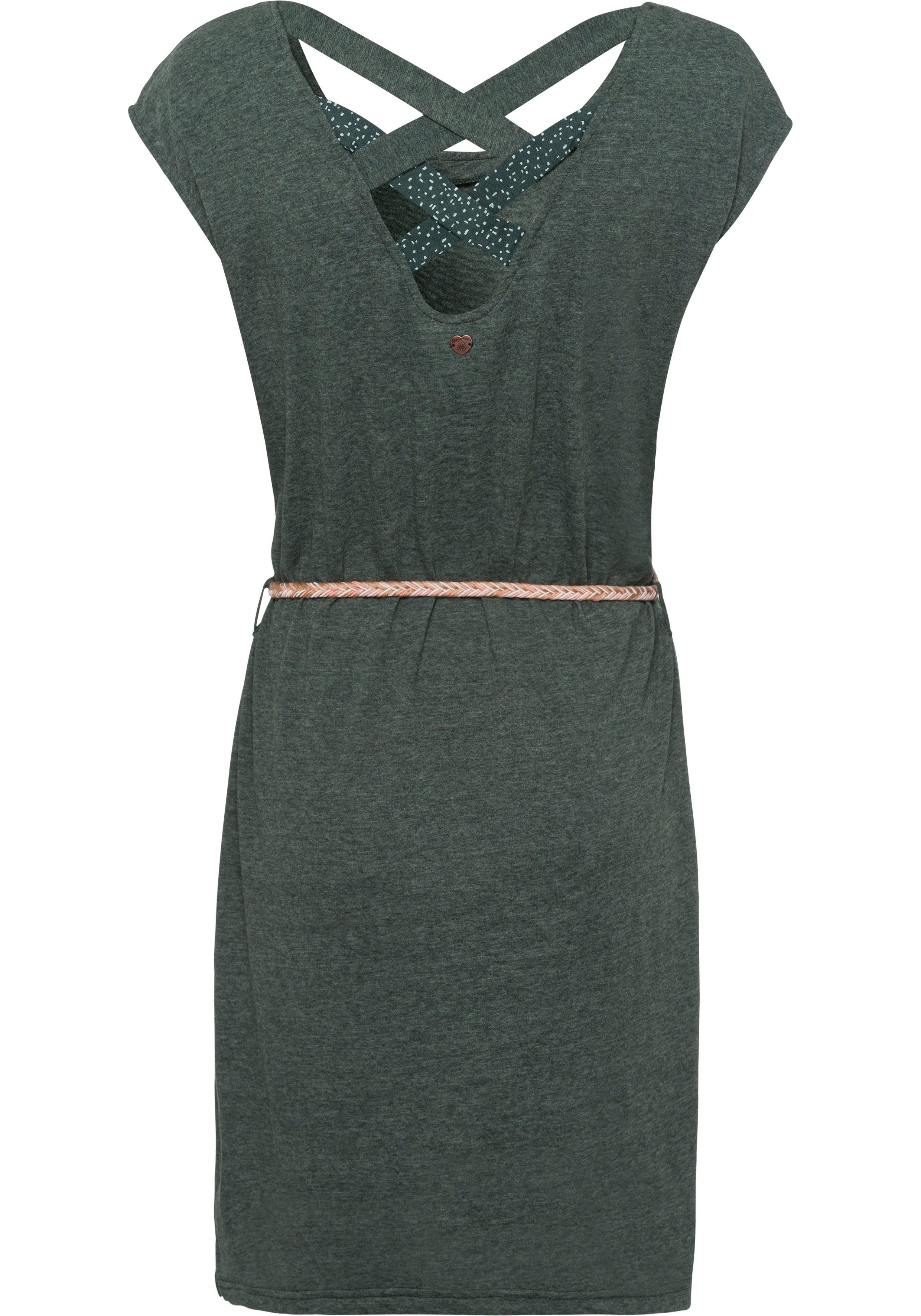 Ragwear Jerseykleid SOFIA DRESS Rückenausschnitt green tiefem (mit mit abnehmbarem dark Gürtel)