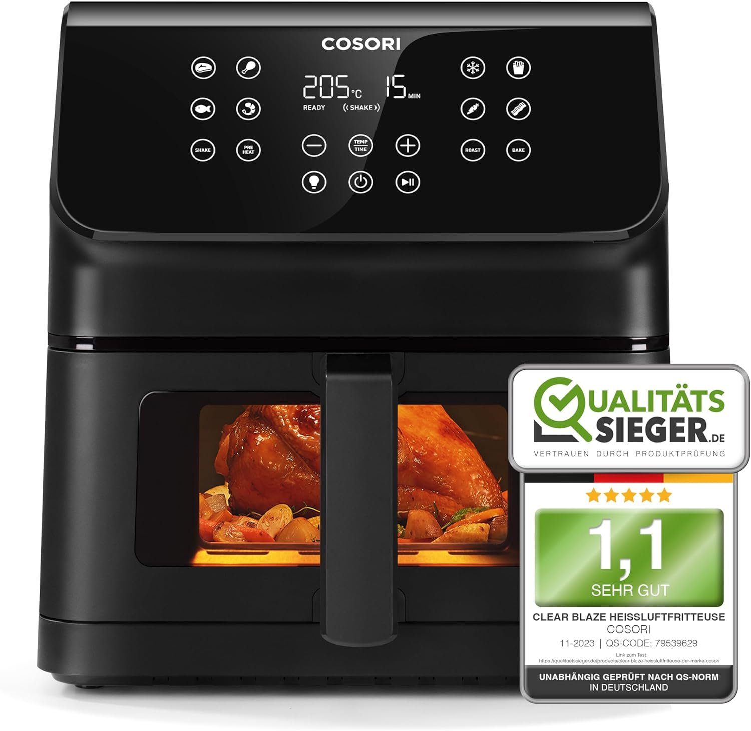 Cosori Heißluftfritteuse mit aktualisierter Rapid Air Technologie, 1700,00 W,  5 Portionen, 12 in 1 30 Rezeptbuch, one Touchcreen