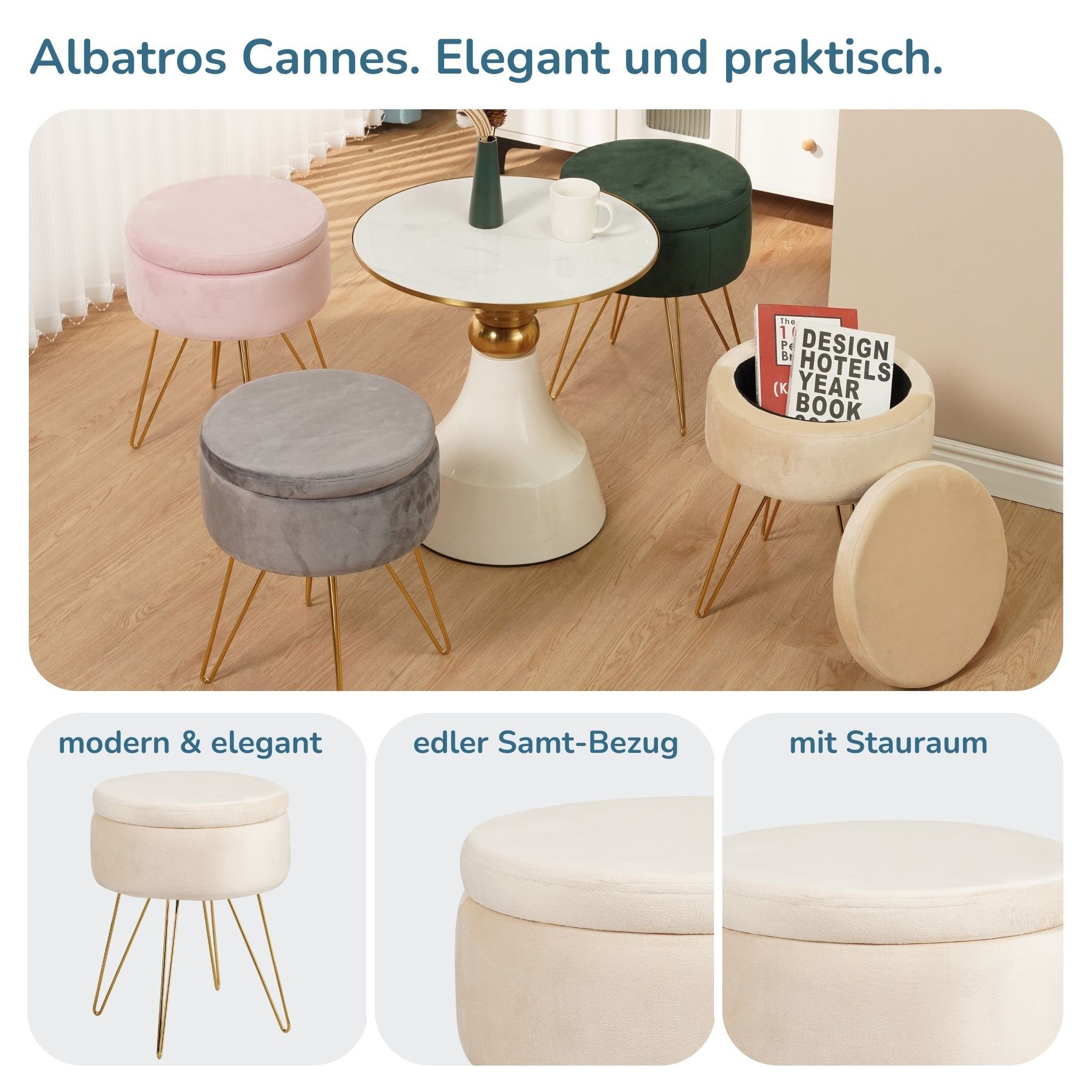 Albatros International Polsterhocker Albatros Hocker mit Stauraum Cannes Sitzhocker mit Stauraum, Modern (Beige, Samt), optimal als Fußhocker oder Hocker Schmin – Bild 2 von 5
