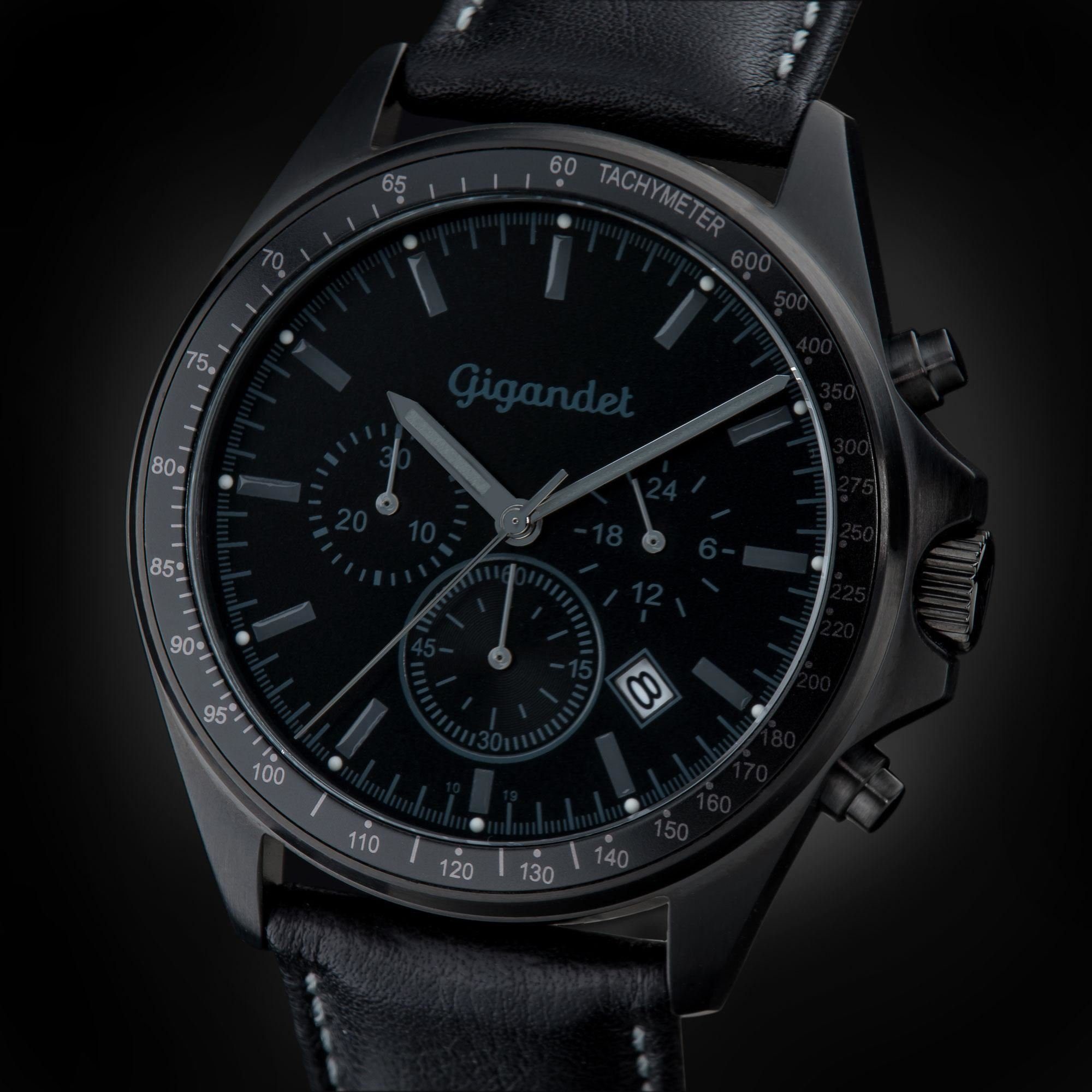 Gigandet Chronograph Armbanduhr, Herrenuhr, 24-Std. Anzeige, 43mm, VOLANTE G3-005, Mineralglas, Datumsanzeige, Lederband, 10bar/100m wasserdicht