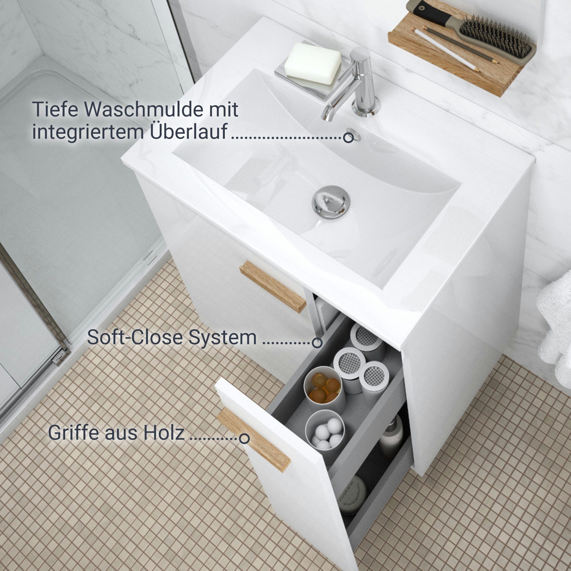 BADEDU Badmöbel-Set Waschbecken und Unterschrank, Keramik, Holzgriffe