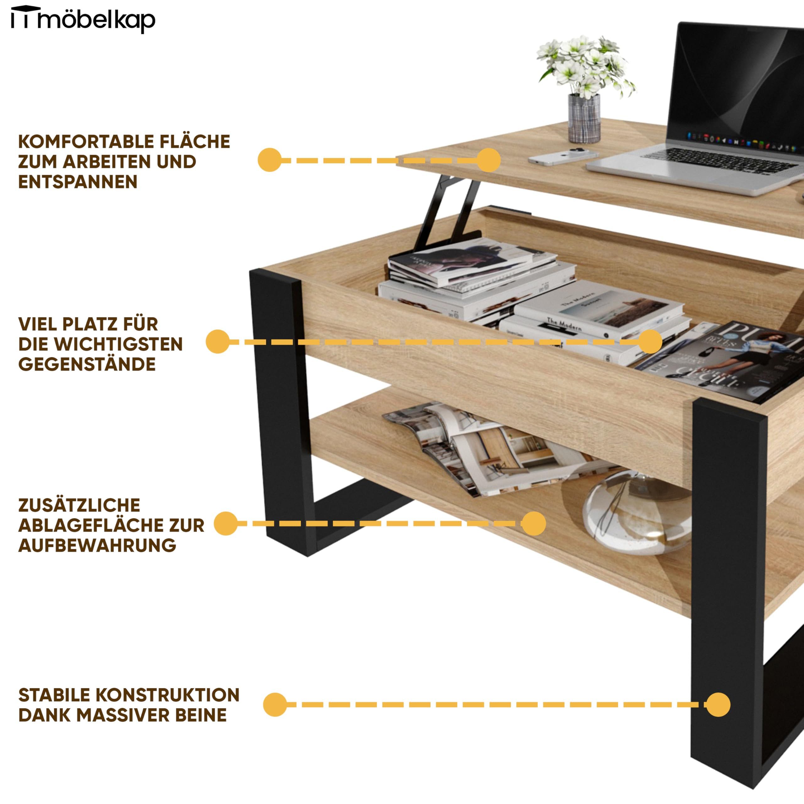 TREND WERK Couchtisch Lift-Couchtisch höhenverstellbar Sofatisch 92×54 cm mit Stauraum, verstecktem Fach Wohnzimmertisch Holz modern – Bild 5 von 5