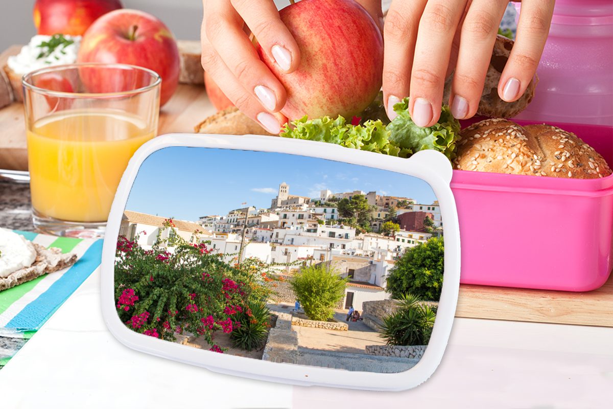 MuchoWow Lunchbox Ibiza-Stadt bei Tag, Mädchen, Brotbox Snackbox, Brotdose rosa Kinder, Kunststoff, Kunststoff Erwachsene, (2-tlg), für