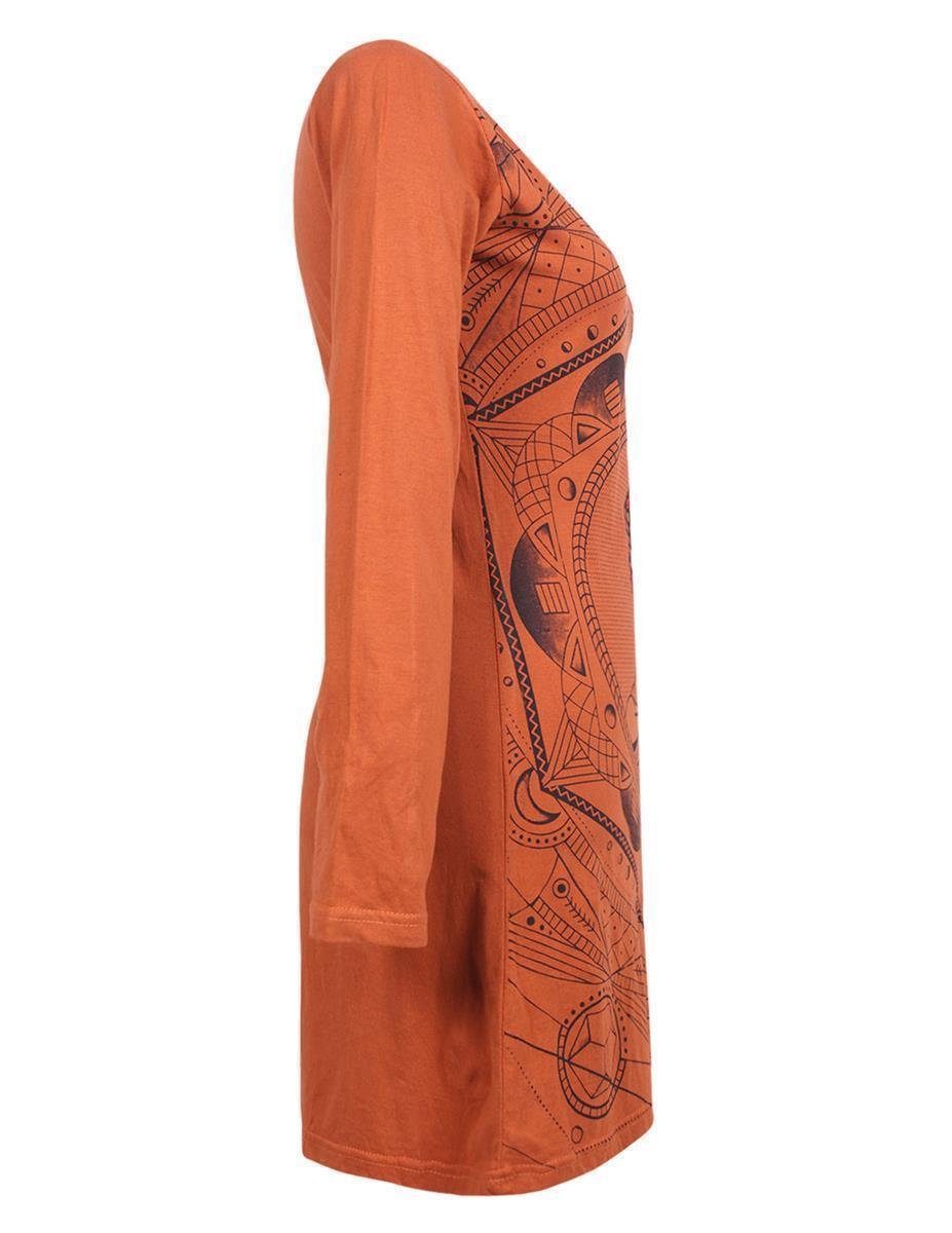 Shirtkleid Hippie Langarm Midikleid Style mit Druck Vishes Baumwollkleid Übergangskleid, orange Buddha