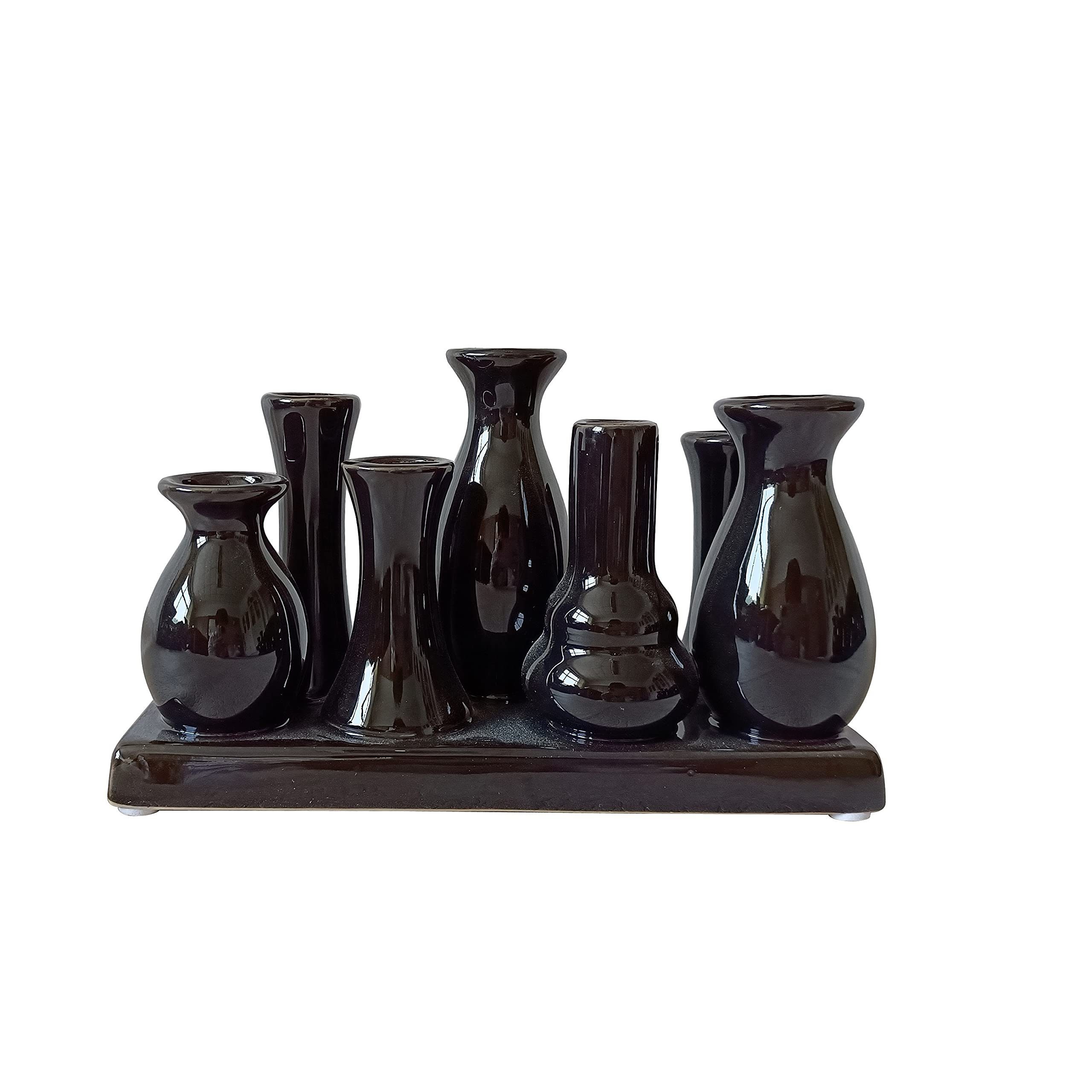 Jinfa Dekovase Handgefertigte kleine auf verbunden einem (7 Tablett Vasen Keramik Deko Blumenvasen auf schwarz), Set