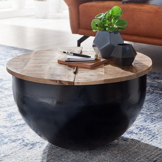 FINEBUY Couchtisch »FB63605«, Mango Massivholz Metall 60x34x60 cm Industrial Style Rund Design