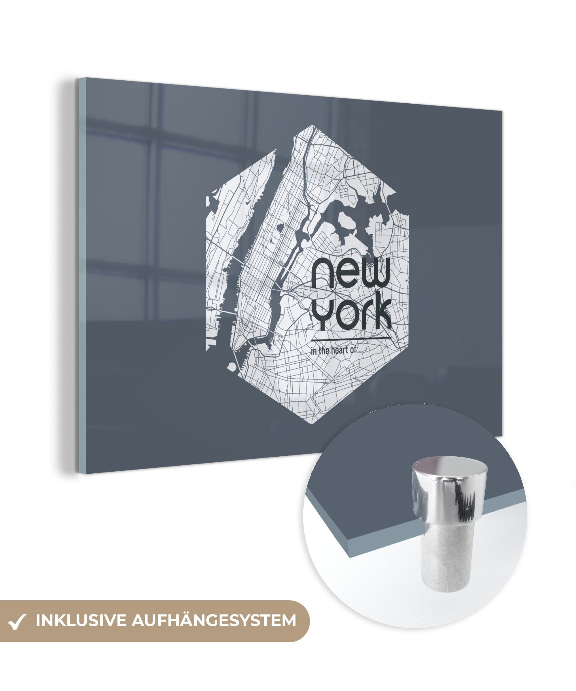 MuchoWow Acrylglasbild New York - Karte - Schwarz, (1 St), Acrylglasbilder Wohnzimmer & Schlafzimmer