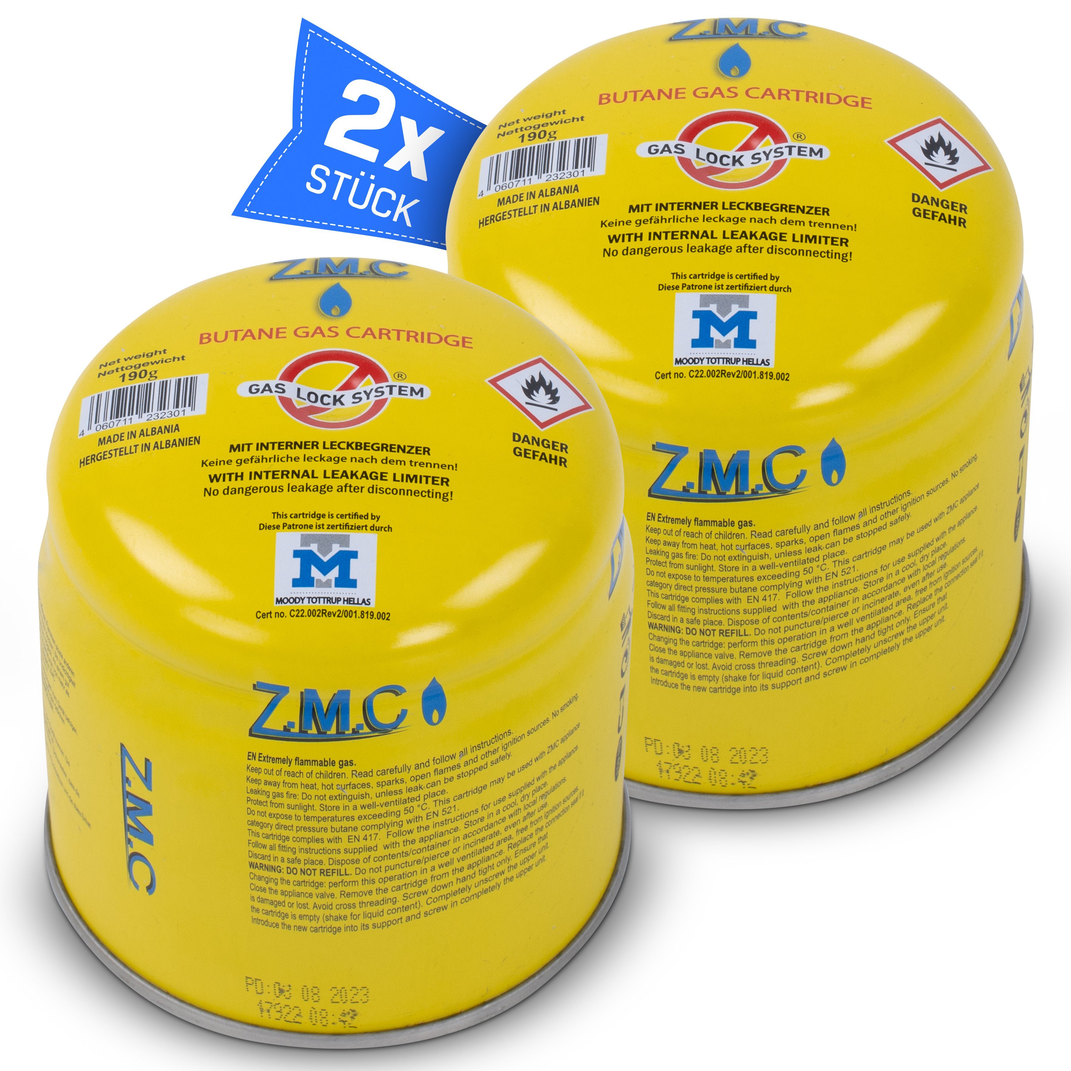 ZMC Gaskartusche Butan Gas Kartusche 190g Anstechkartusche Propangas Gaskartusche, Zubehör für Butangas Campingkocher/Bunsenbrenner/Campinggas Typ: C200, EN417, 2 St., Gaskartuschen Stechkartusche Gaskartuschen Butangas