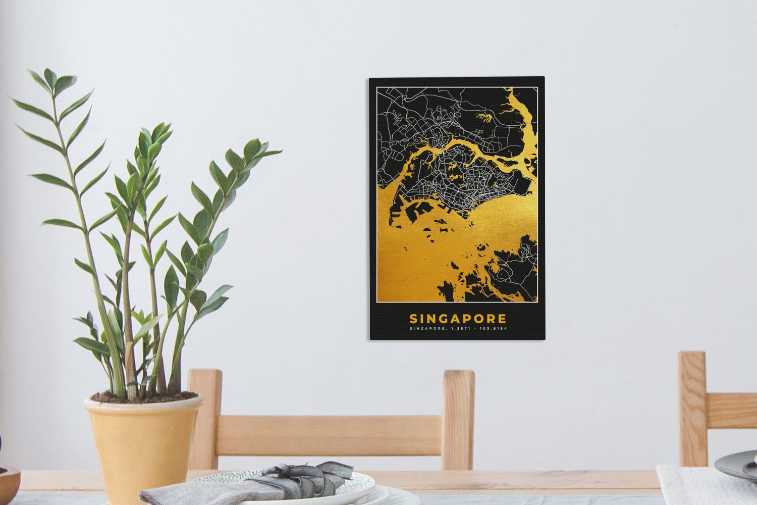 Leinwandbild Karte, Singapur Stadtplan cm OneMillionCanvasses® Leinwandbild - - St), Zackenaufhänger, fertig Gold Gemälde, bespannt 20x30 - inkl. (1