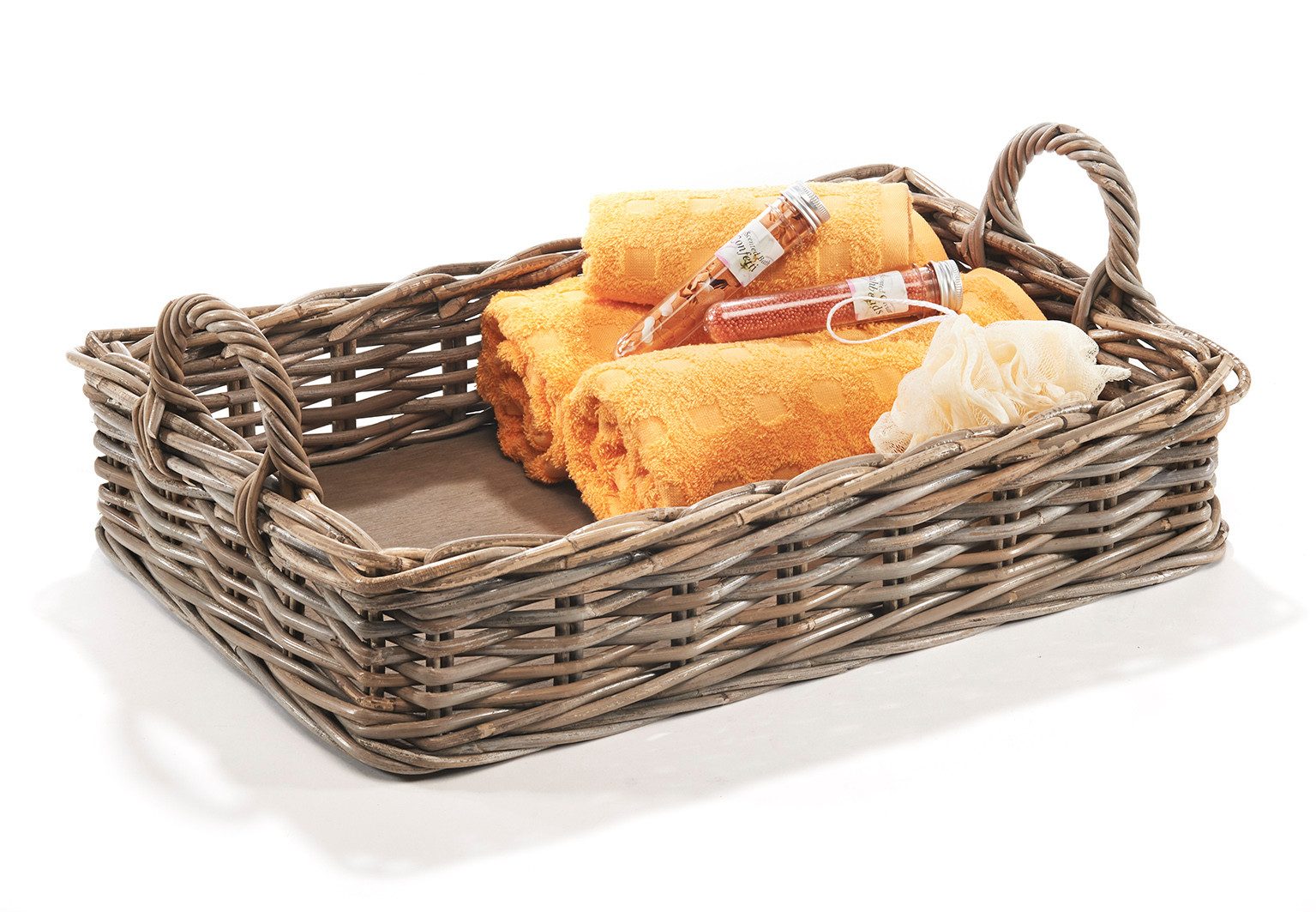 Kobolo Tablett Dekotablett Serviertablett aus Rattan kubu grey, Serviertablett Holzt, Holz, (Stück, 1-tlg., Stück), mit Holzboden - 56x38x12 cm