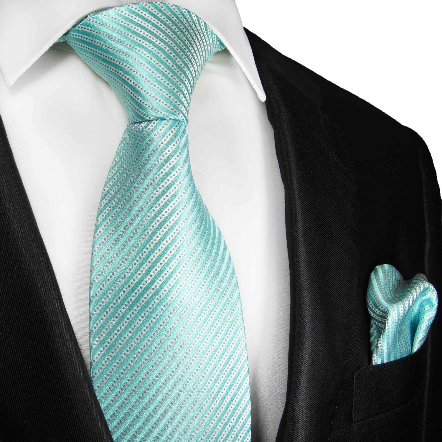 Paul Malone Krawatte Herren Seidenkrawatte und Tuch modern gestreift 100% Seide (Set, 2-St., Krawatte mit Einstecktuch) Breit (8cm), türkis 889