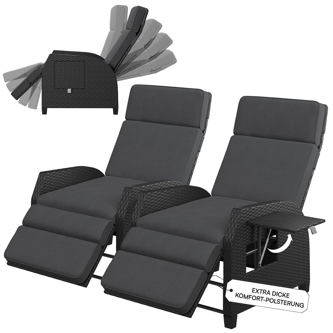 STEELSØN Gartensessel Caelum Gartensessel mit Liegefunktion, mit Ausklapptisch (2er Set, Schwarz, 2-St), Rattan Liegesessel, ausklappbarer Tisch