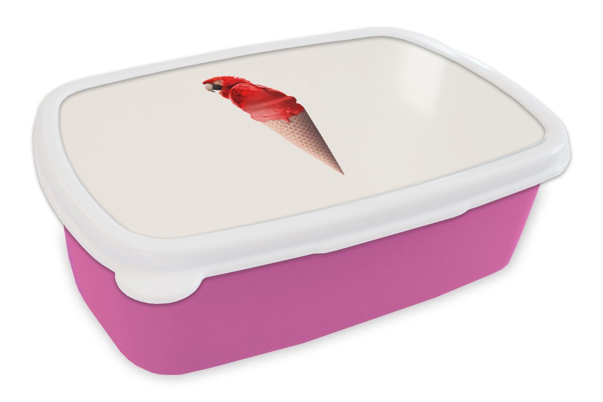 MuchoWow Lunchbox Eiscreme - Papagei - Rot - Eistüten - Weiß, Kunststoff, (2-tlg), Brotbox für Erwachsene, Brotdose Kinder, Snackbox, Mädchen, Kunststoff rosa