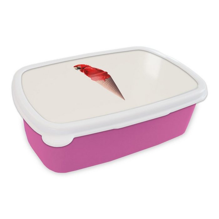 MuchoWow Lunchbox Eiscreme - Papagei - Rot - Eistüten - Weiß Kunststoff (2-tlg) Brotbox für Erwachsene Brotdose Kinder Snackbox Mädchen Kunststoff