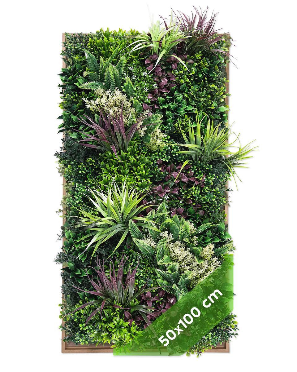 Kunstpflanze Künstliche Pflanzenwand Indoor & Outdoor, Blumenwand mit Rahmen Urban Jungle, JELLE & JACOB, Höhe 100 cm, pflegeleicht & langlebig im Kunststoff-Rahmen in Eicheoptik