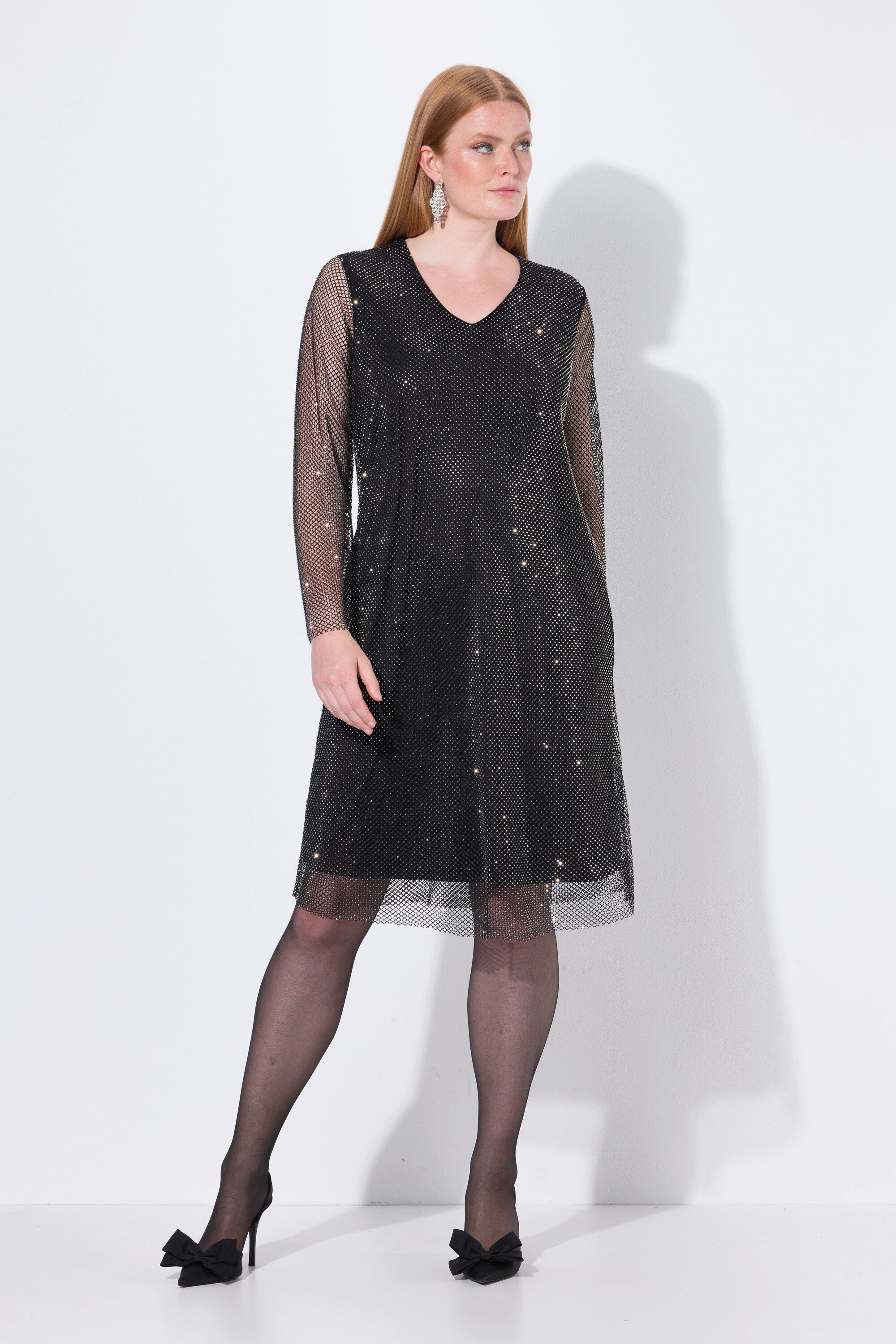 Ulla Popken Cocktailkleid Midikleid Pailletten A-Linie V-Ausschnitt Langarm