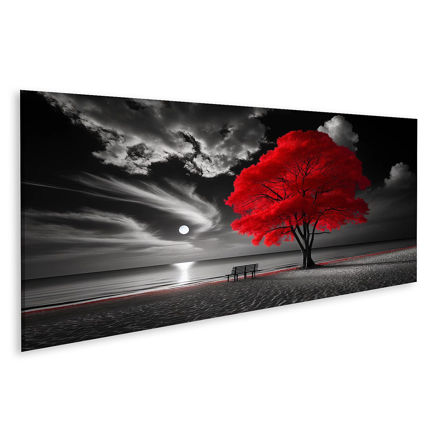 islandburner Leinwandbild Roter Baum an einem mondhellen Strand in Schwarz-Weiß
