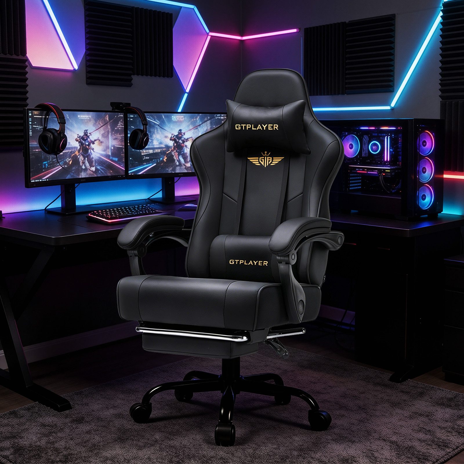 GTPLAYER Gaming-Stuhl Gaming Stuhl Chair Gamer Sessel - Ergonomischer Gamer Stuhl, mit Fußstütze Kopfstütze und Lordosenstütz 180kg