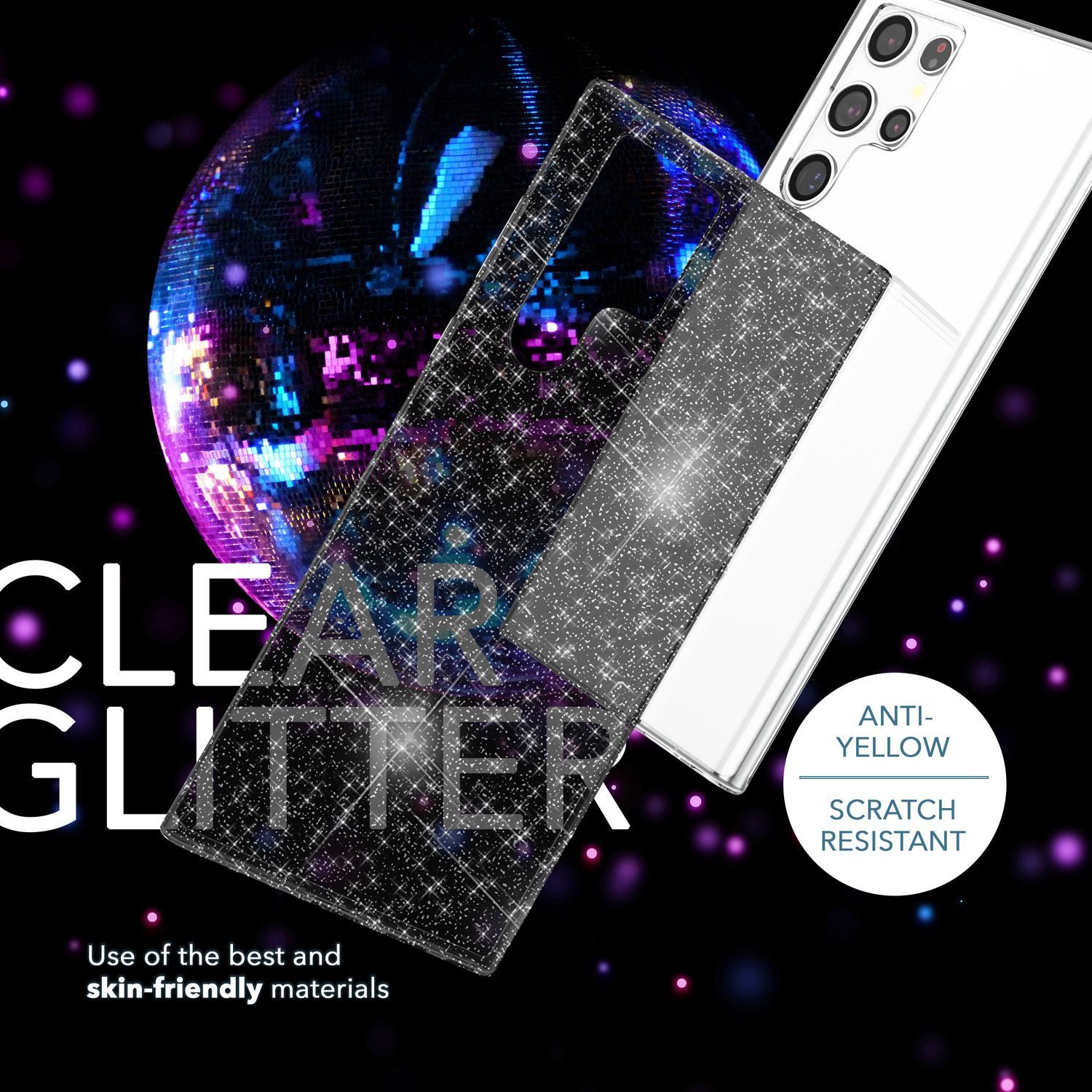 Nalia Smartphone-Hülle Samsung Galaxy S23 Ultra 17,3 cm (6,8 Zoll), Klare Glitzer Silikon Hülle / 2x Displayschutz / Glitter Bling Cover