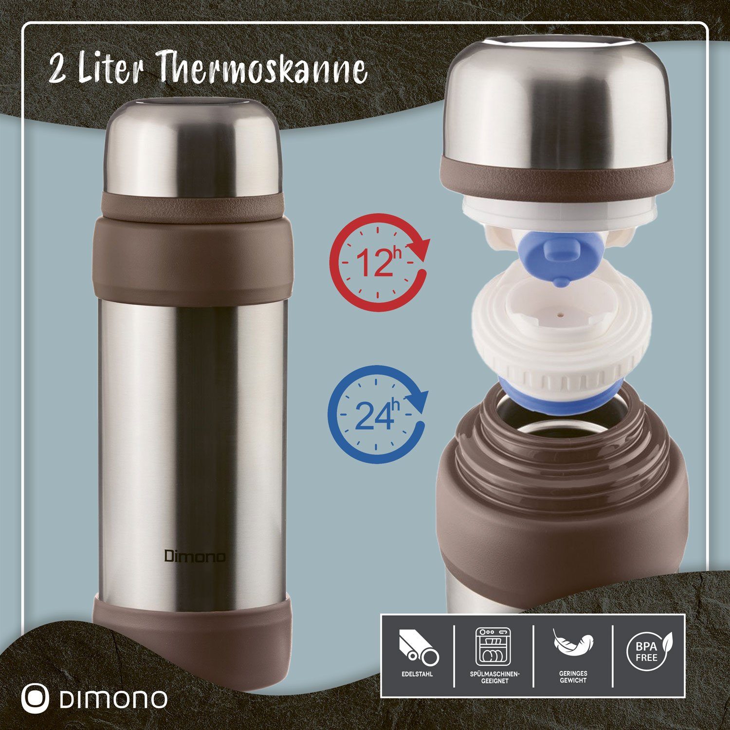 Isolierkanne Liter 2 Thermoskanne Edelstahl Pur XXL, Isolierflasche Vakuum Dimono Thermoflasche