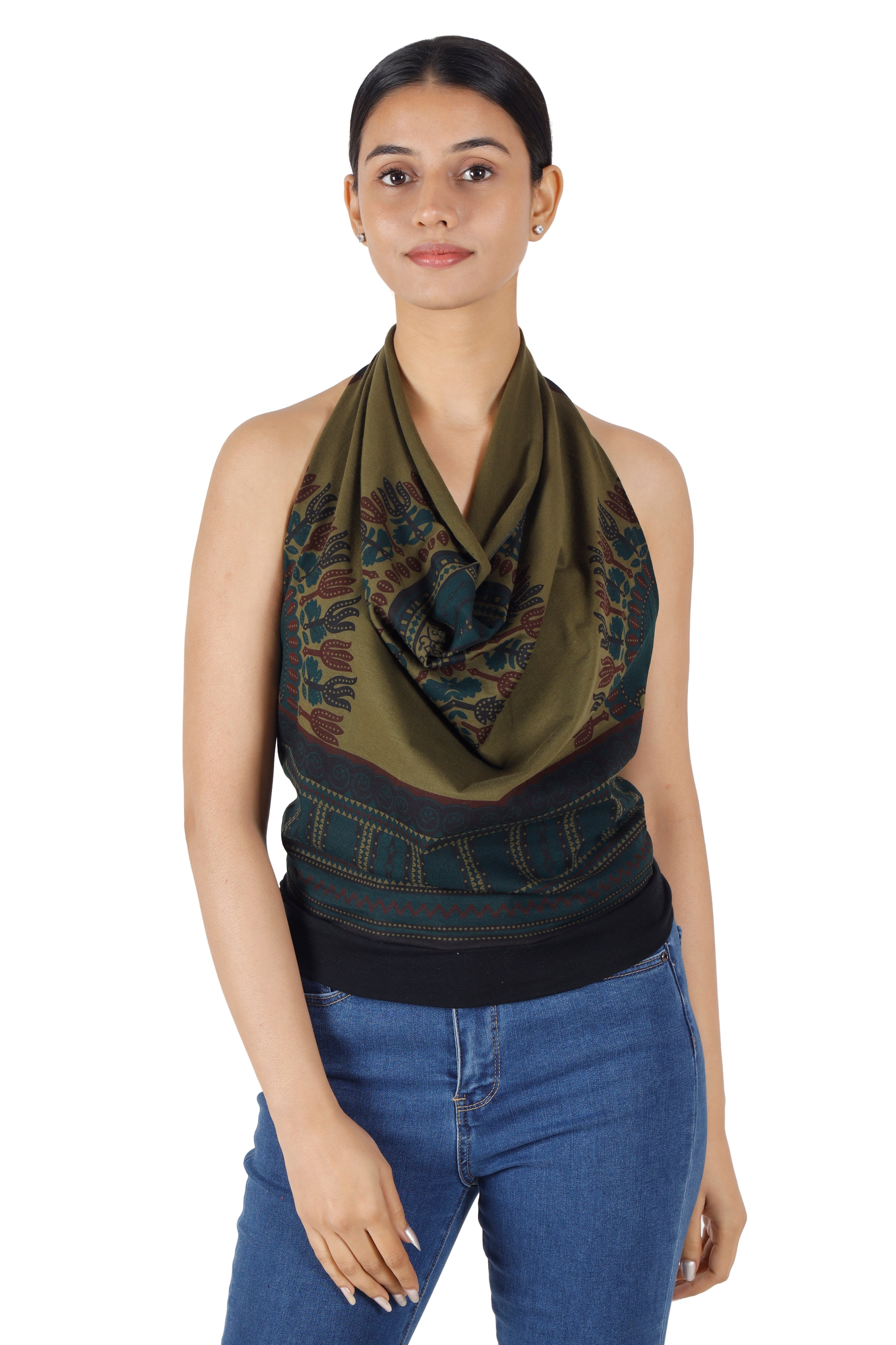 Guru-Shop T-Shirt Goa Top, Dashiki Psytrance Neckholder Top - olive Hippie, Ethno Style, Psychedelic, alternative Bekleidung, Festival