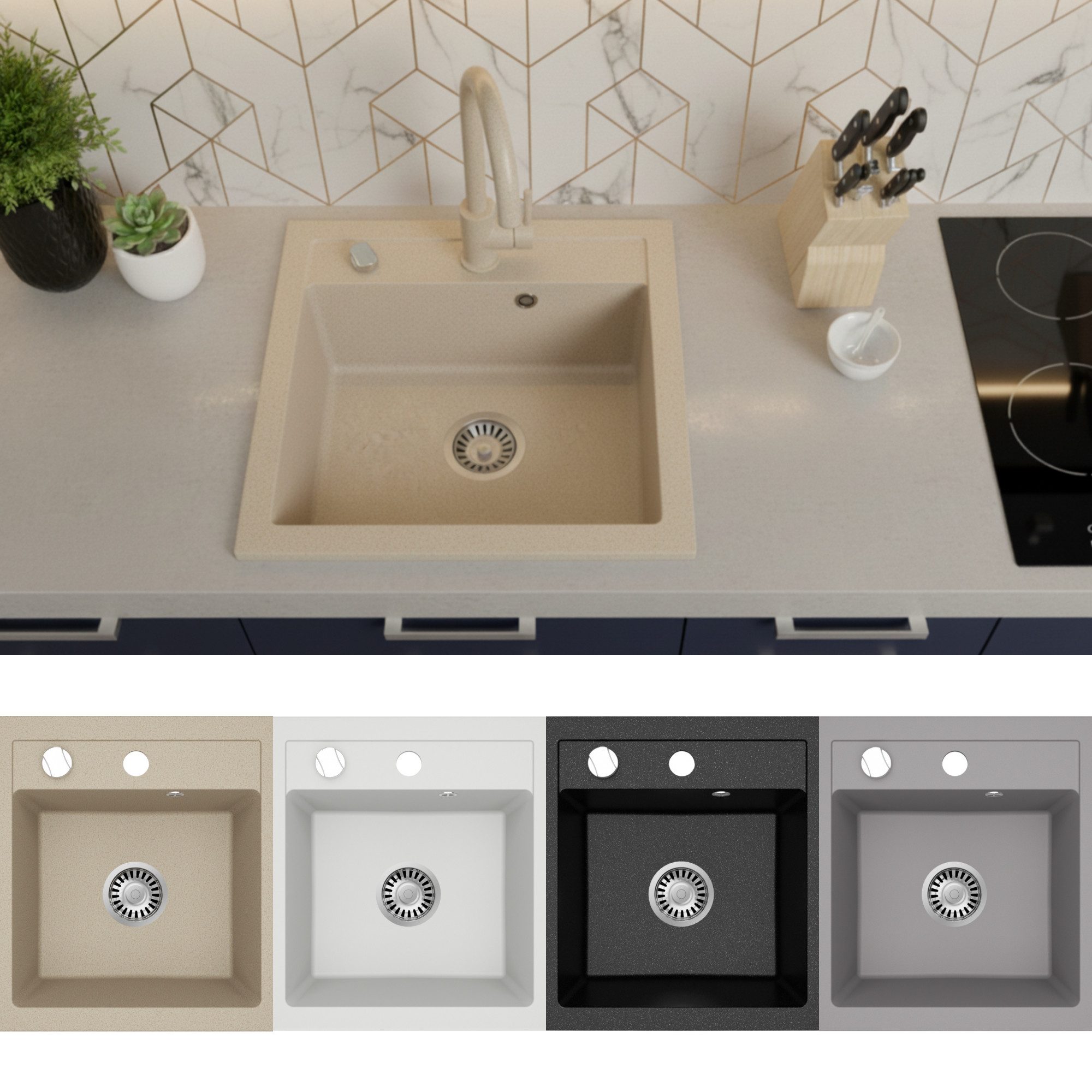 Faizee Möbel Granitspüle Granitspüle Küchenspüle Granit Siphon Spülbecken Spüle 49x52cm, Eckig