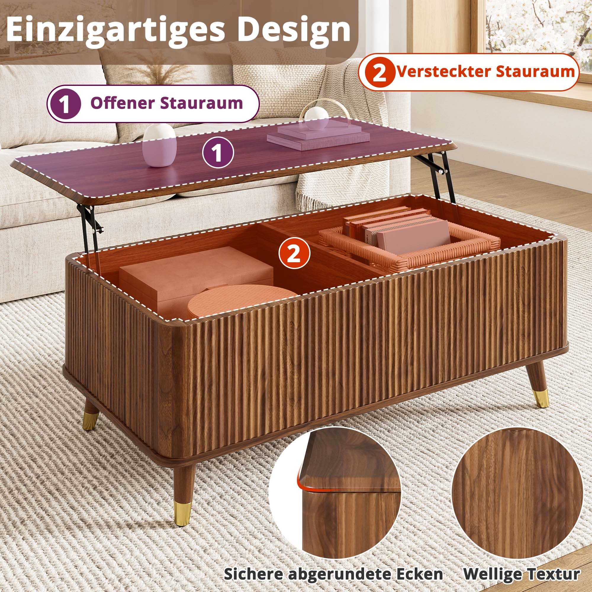 Merax Couchtisch höhenverstellbar Sofatisch Retro Beistelltisch (1-St), Wohnzimmertisch mit Stauraum und Holzbeinen, 97x52x56,5 cm – Bild 5 von 5