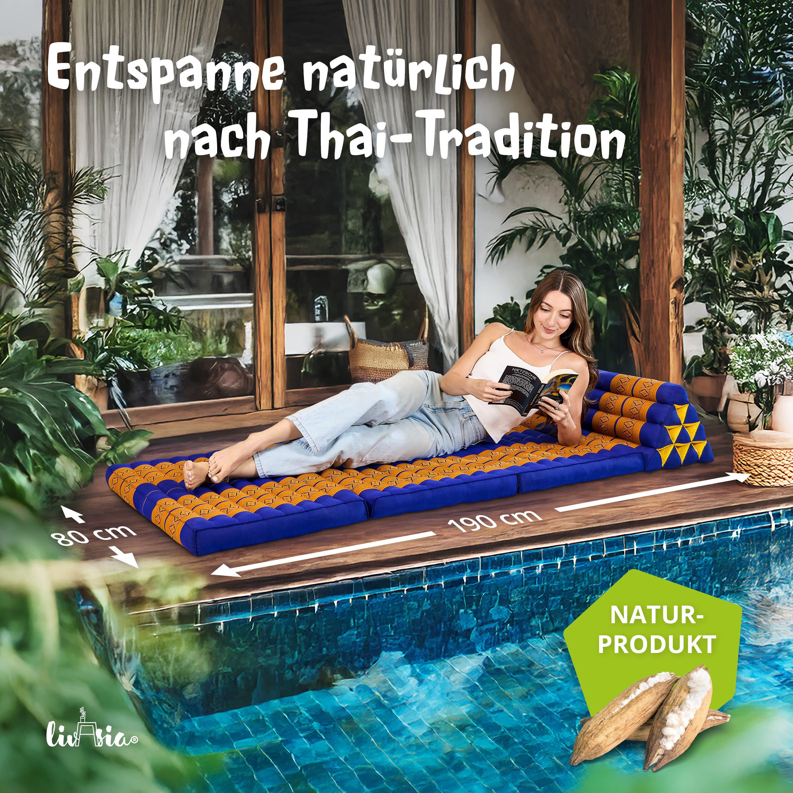 livasia Sitzsack Thaikissen XXL breit - 190x80x8cm, Kapok, vegan, handgefertigt