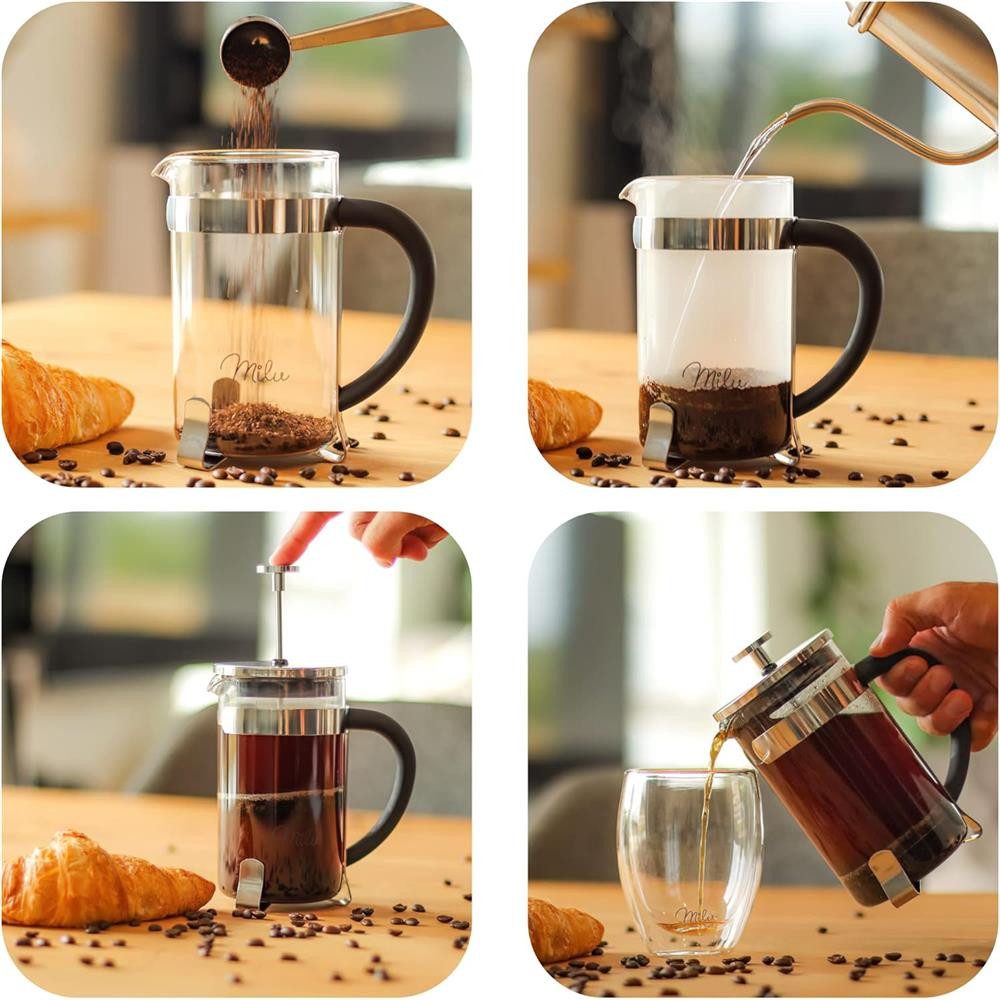 Milu French Press Kanne, 350l Kaffeekanne, Edelstahl/Glas, Kaffeebereiter, Kaffeepresse, Silber