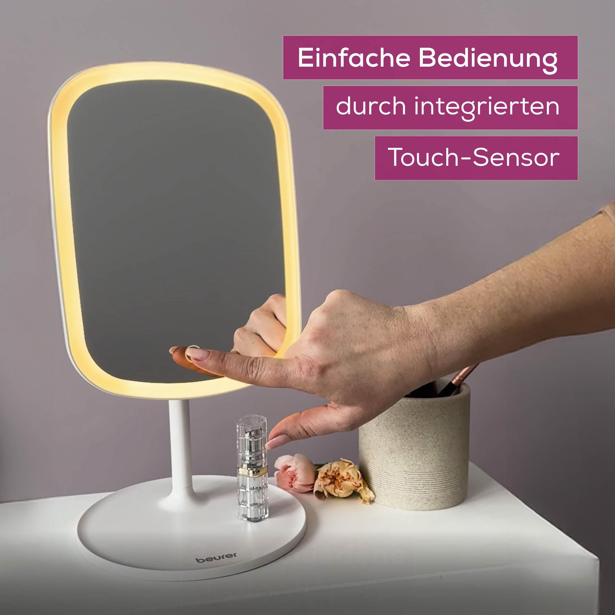 BEURER Kosmetikspiegel BS 47, beleuchtet, mit Magnethalterung, Drei verschiedene Lichtoptionen, Touch-Sensor auf der Spiegelfläche