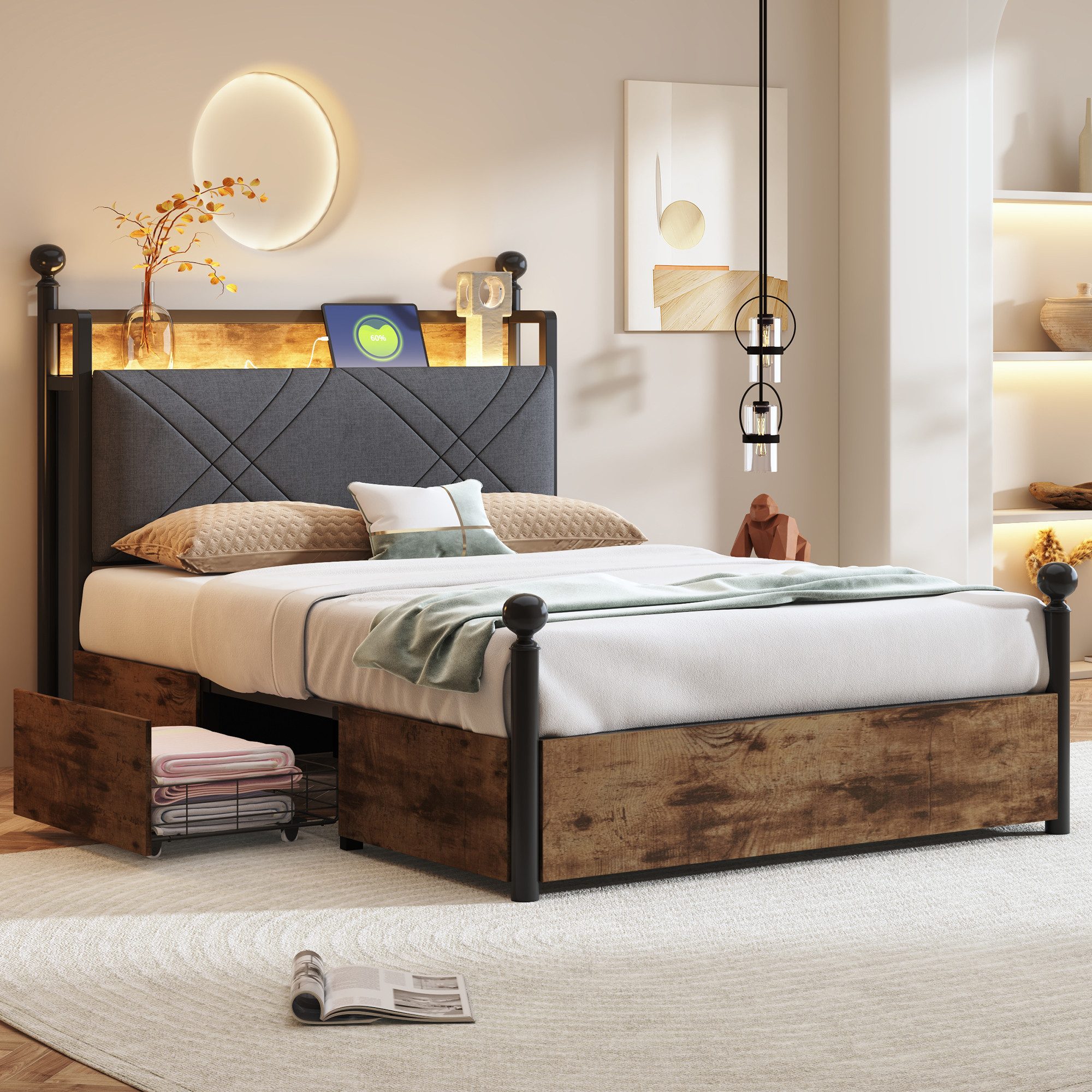 Stauraumbett Himmelbett mit LED, USB-C & Stauraum