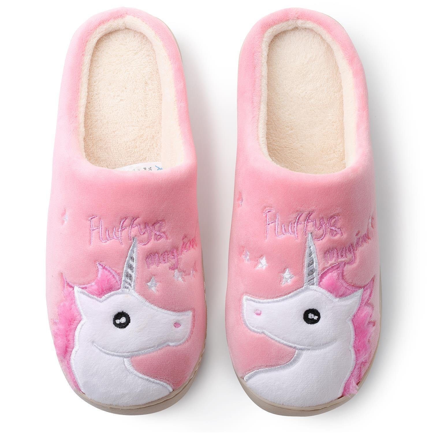 Katara Tier Pantoffeln Gr. 34-41 (Einhorn, Katze, Hase) Plüsch Hausschuhe Hausschuhe, weich, warm, süß, kuschelig, Plüsch Einhorn (Pink)
