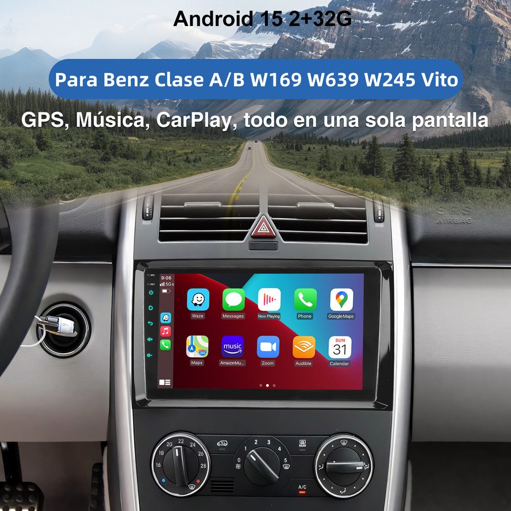 ESSGOO Android 15 Für Mercedes-Benz A/B Klasse/Vito W169 W639 W245 W906 Navigationsgerät (2 DIN Carplay Bluetooth Navigationsgeräte Rückfahrkamera(optional) – Bild 2 von 5