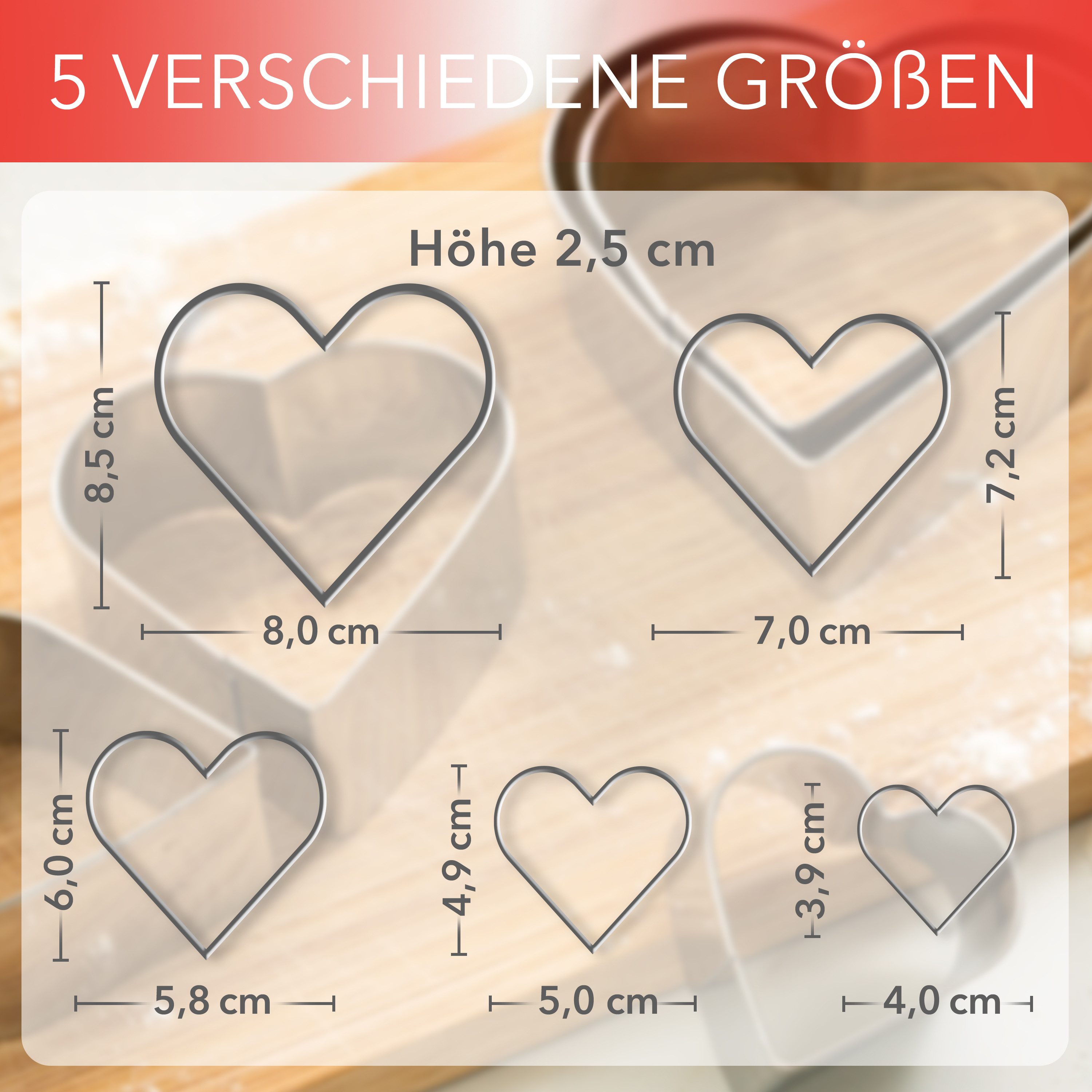 AVANA Ausstechform Edelstahl Herzen Ausstecher Set Weihnachten Plätzchen Keksformen, Edelstahl, (5 Stück), rostfrei, Silber – Bild 4 von 5