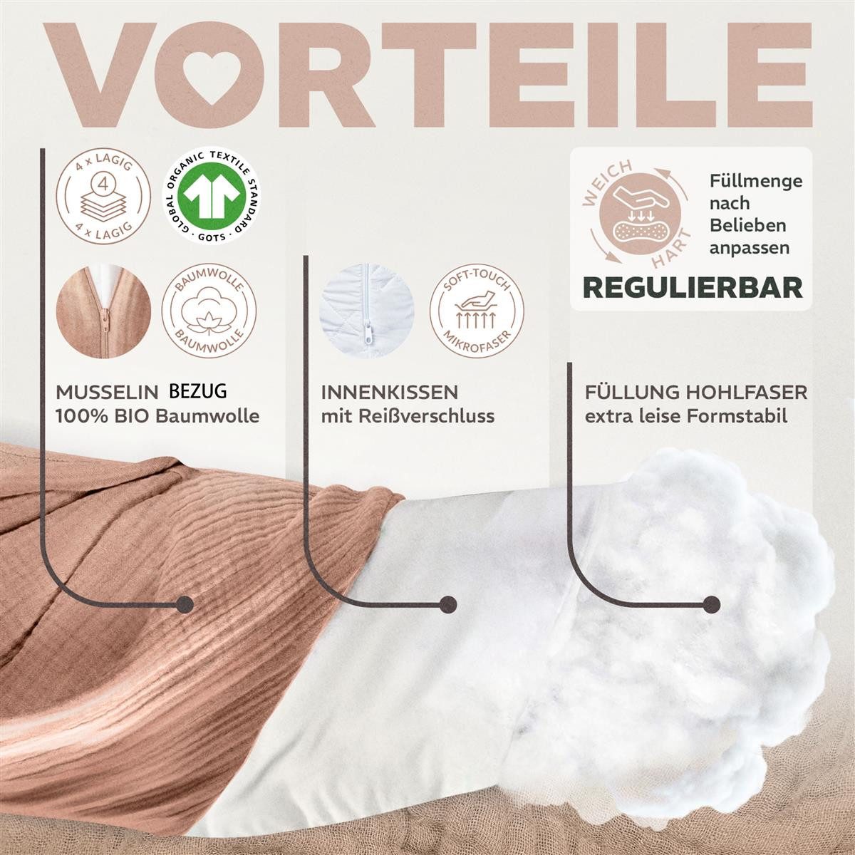 SEI Design Stillkissen Seitenschläferkissen XXL Babynest - Baby Erstausstattung Neugeborene, Schwangerschaftskissen mit Bezug, Schwangerschaftskissen mit Bezug, Bezug 100% Baumwolle