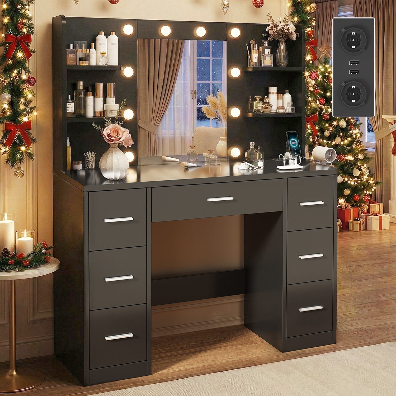 Furnicopia Schminktisch 110*40*137CM Frisiertisch mit 2 SUB 2 Steckdosen (Mit LED-Beleuchtung, 1 Haartrocknerhalter, 7 Schubladen, 4 Fächer, Erhältlich in Weiß und Schwarz)