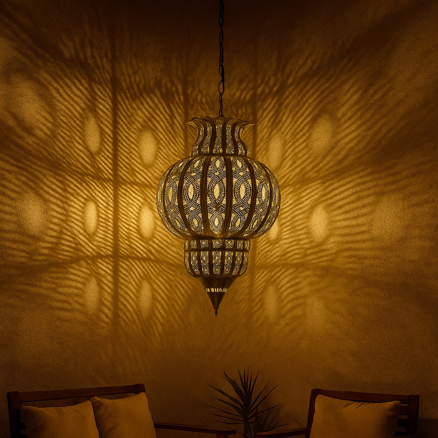 Marrakesch Orient & Mediterran Interior Pendelleuchte Hängeleuchte Isfahan Gold 50cm, Orientalische Lampe aus Metall, Handarbeit