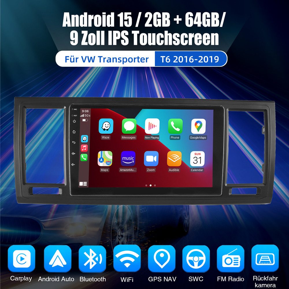 ESSGOO 9" Für VW T6 Transporter Multivan Android 15 Autoradio Autoradio (RDS, Digitalradio (DAB), FM, AM, Carplay Android Auto GPS Navi WIFI BT EQ)