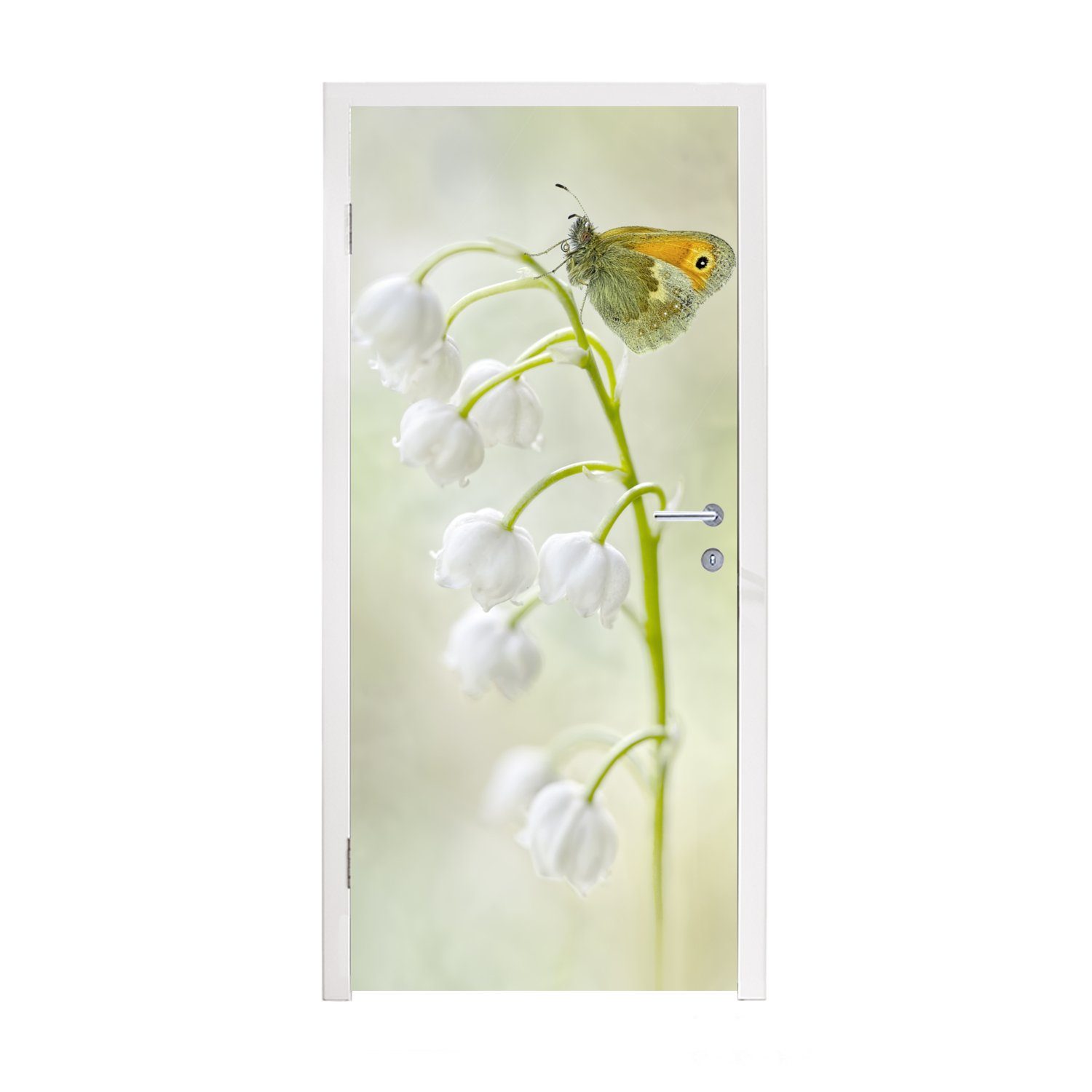Schmetterling für cm Maiglöckchen, Türaufkleber, Ein MuchoWow St), einem Matt, (1 75x205 Tür, Türtapete bedruckt, auf Fototapete
