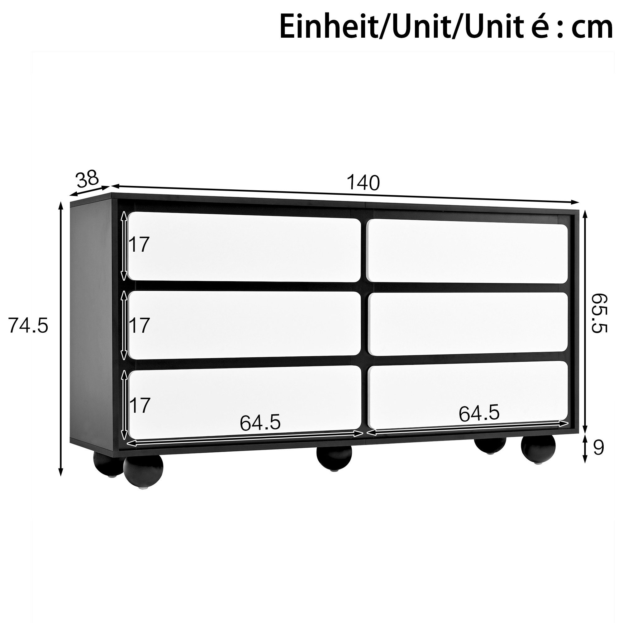 OKWISH Sideboard Schwarz-Weiß-Design (Kommode, Frisiertisch, 1 St., mit sechs Schubladen), 140×38×74,5cm